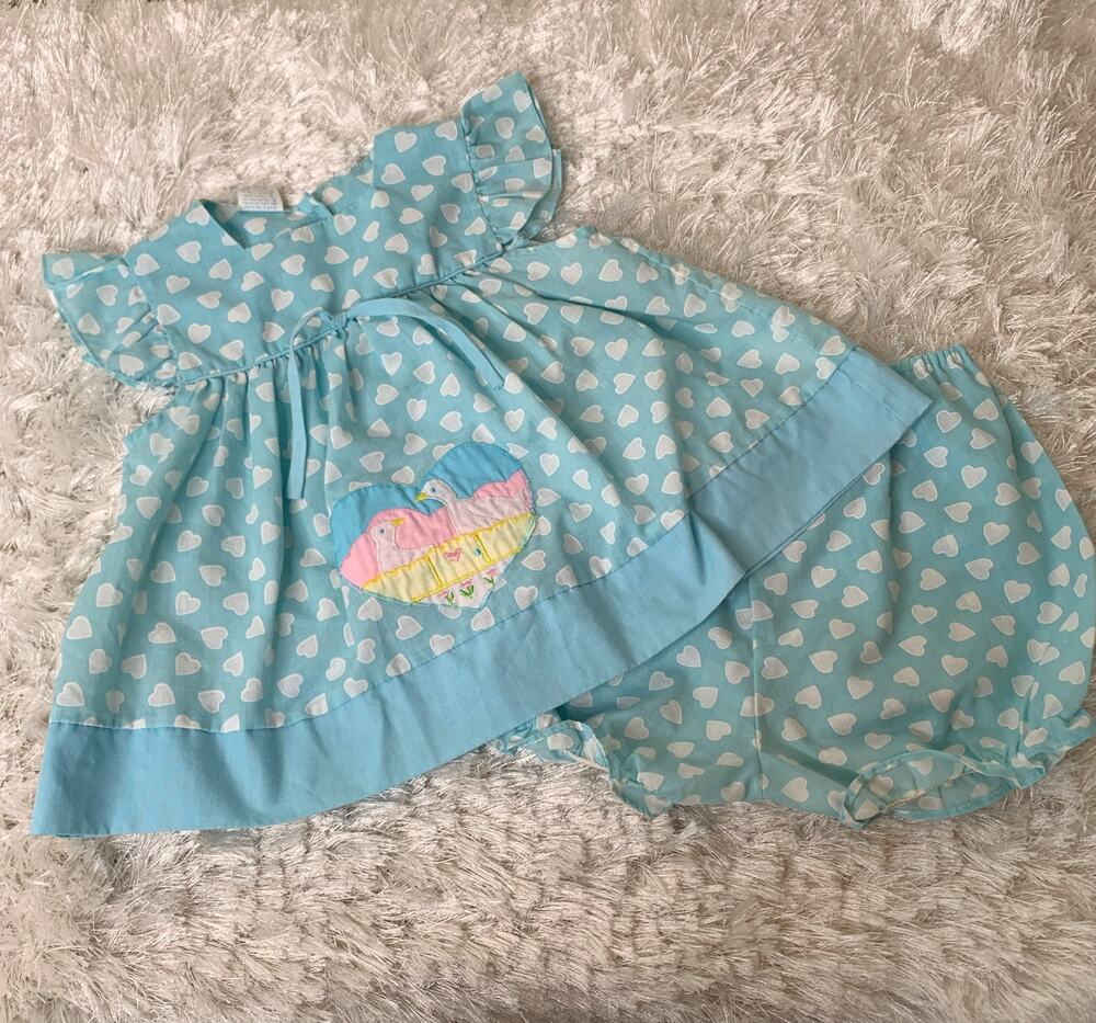 Vintage Aqua Blue Heart Print 2 Piece Set Dress Bloomers Sz 24 Months